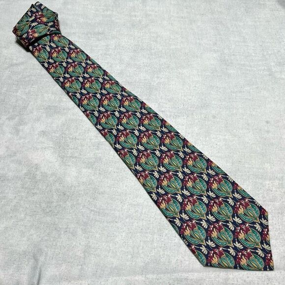 VINTAGE 1960s ROOSTER BY MAX RAAB GREEN NAVY FLORAL MENS SILK NECKTIE MADE IN US - Picture 3 of 4